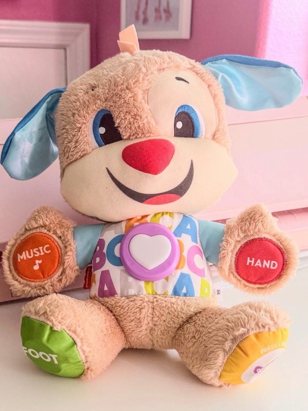 Fisher-Price Laugh & Learn Smart Stages Puppy Plush Dog Toy Music Beige Blue